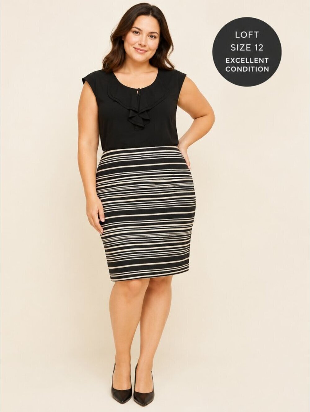 LOFT | Sz 12 | Taylor Black Ruffle-Neck Striped Sheath Dress